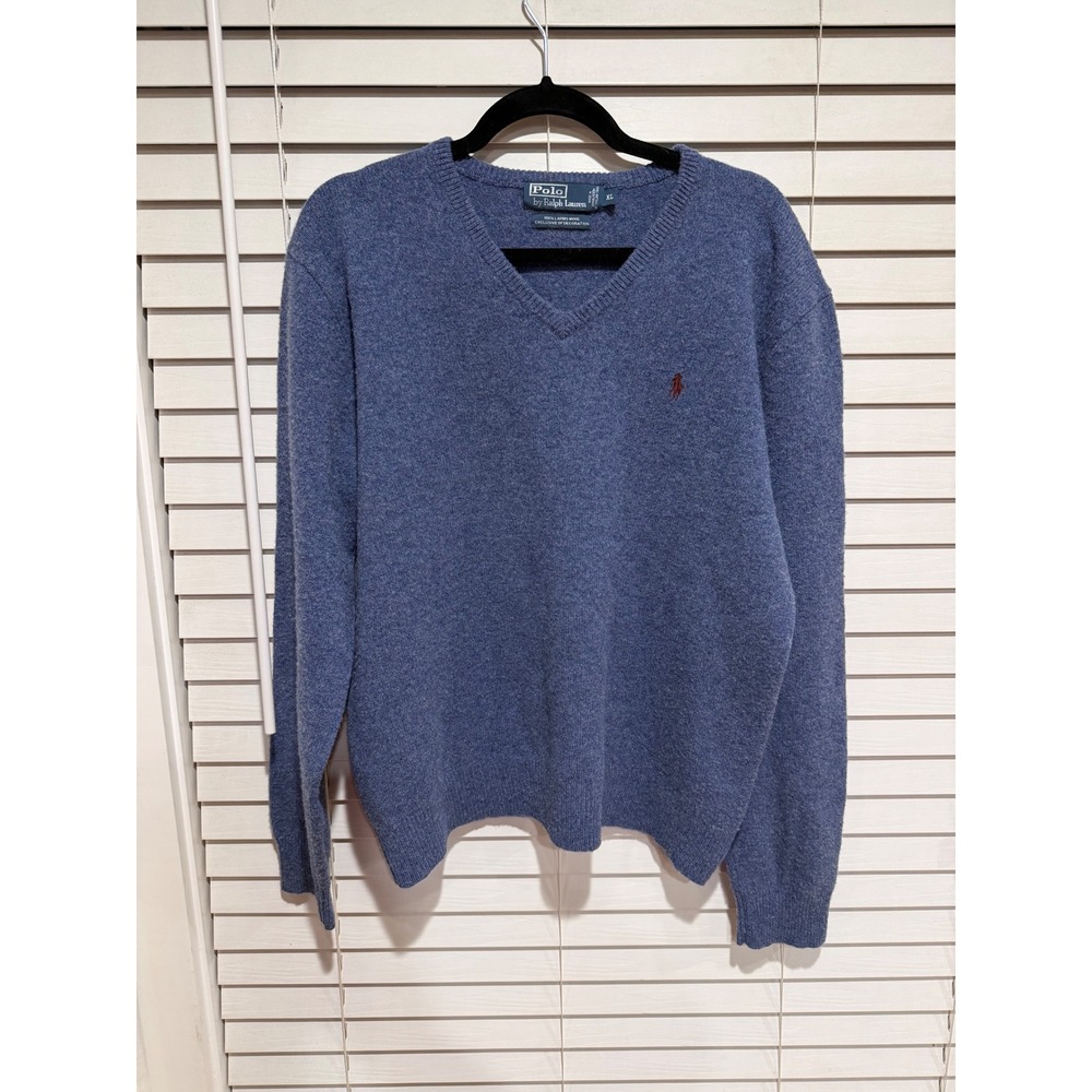 Polo Ralph Lauren Blue 100% Lambs Wool V Neck XL Sweater Embroidered Logo